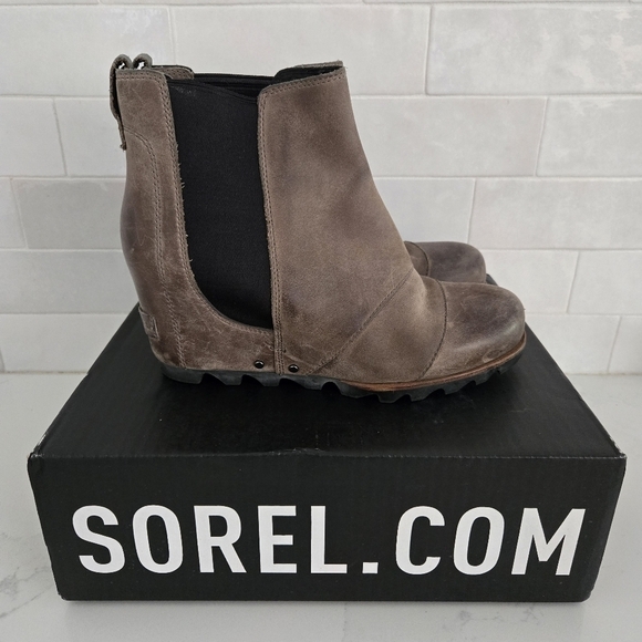 Sorel Lea Wedge Leather Boots Brown Gray Black Kettle Taupe Size 7.5 NL2334 - Picture 2 of 10